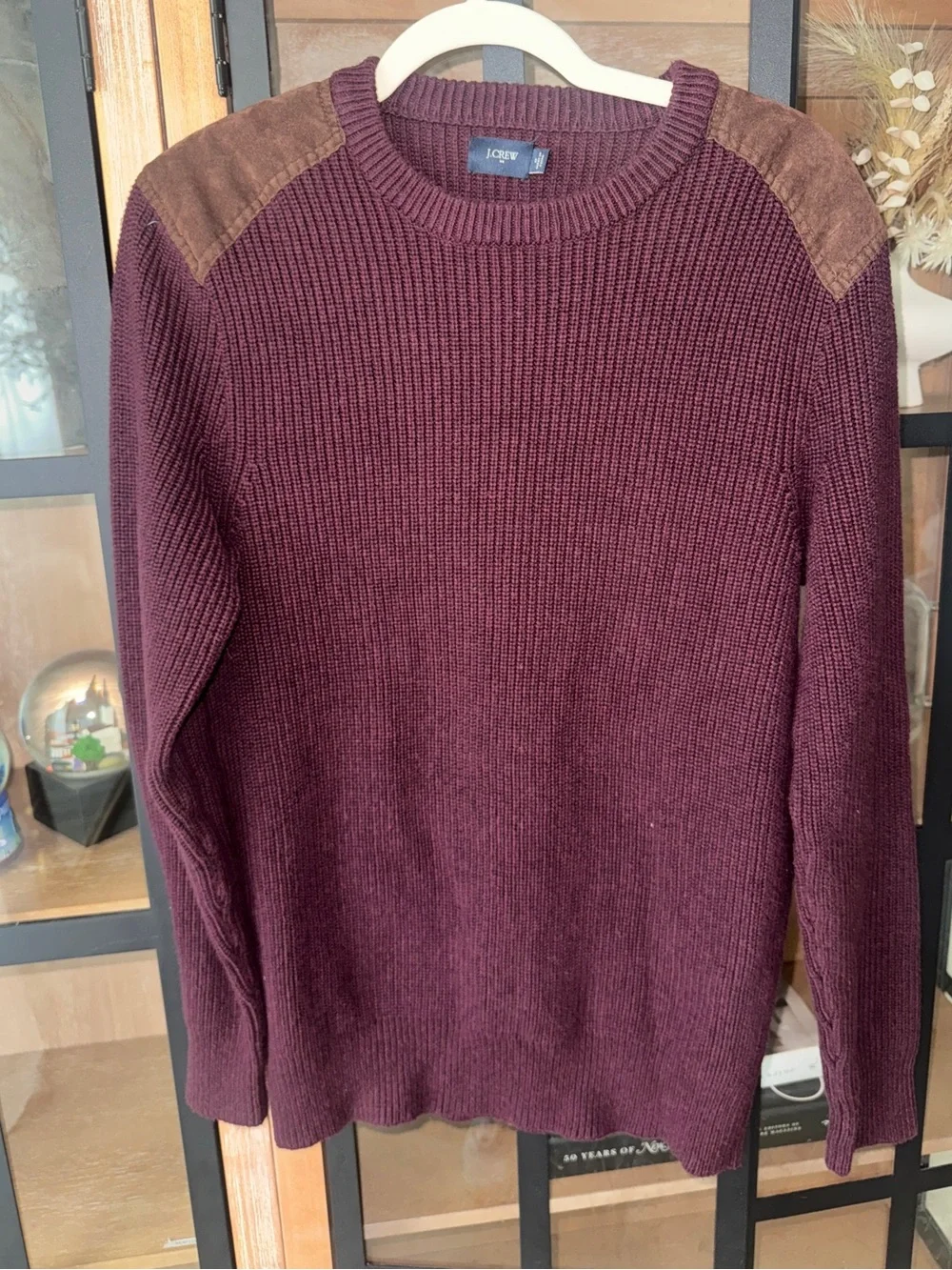 J. Crew maroon sweater suede shoulder patches burgundy cotton ribbed knit